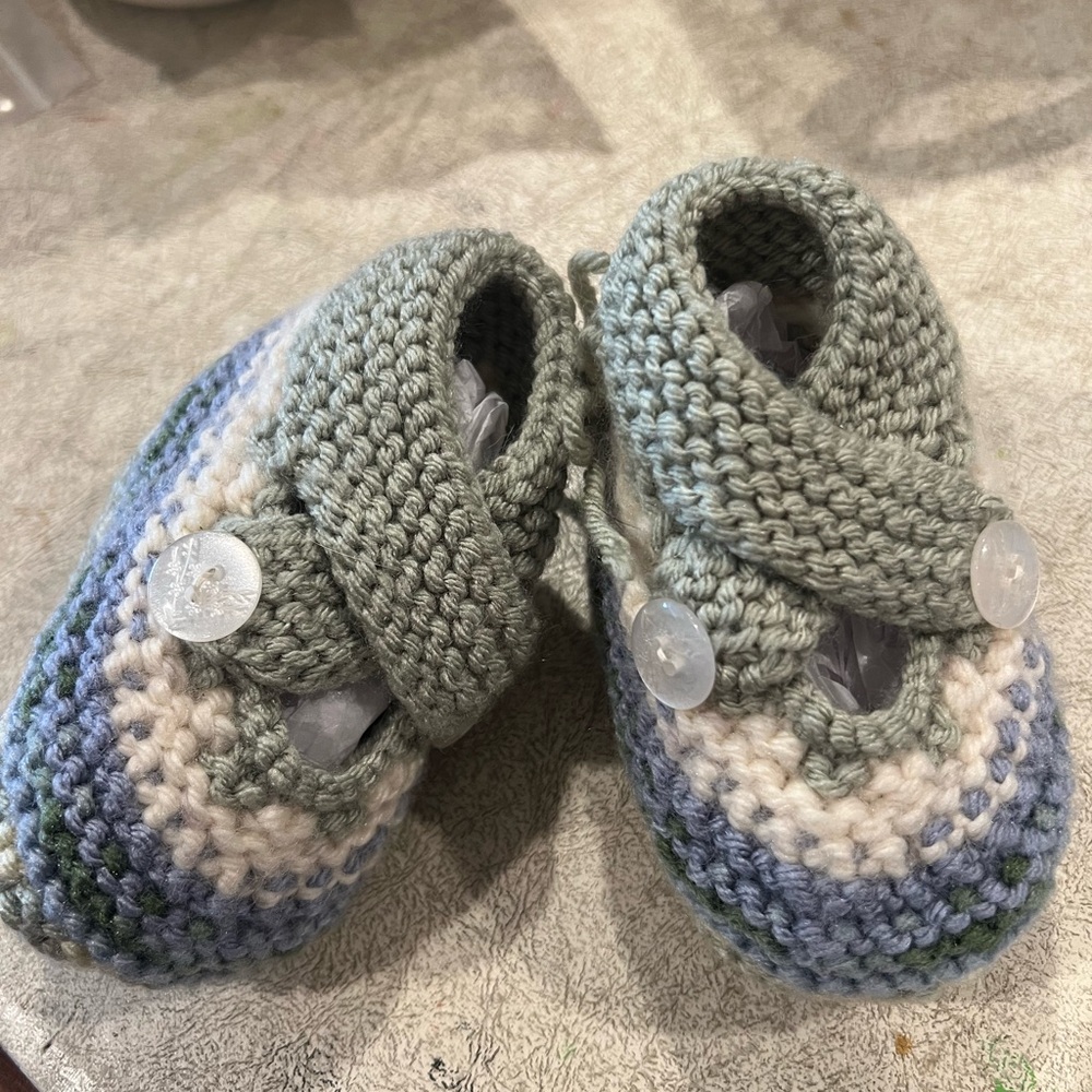 Handmade Knit Baby Booties - Green and Blue